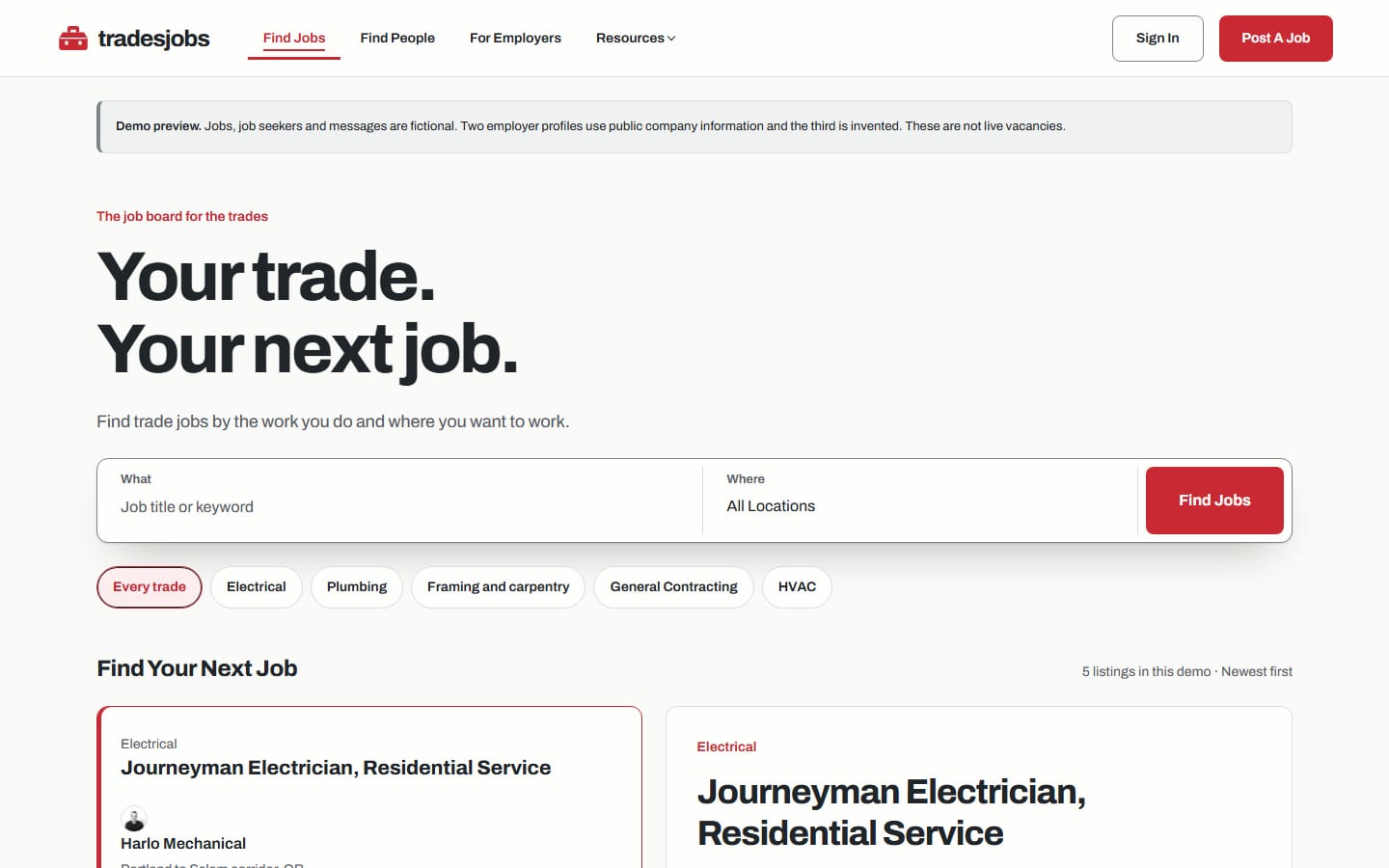 The first screen of Trade Jobs, as a visitor opens it